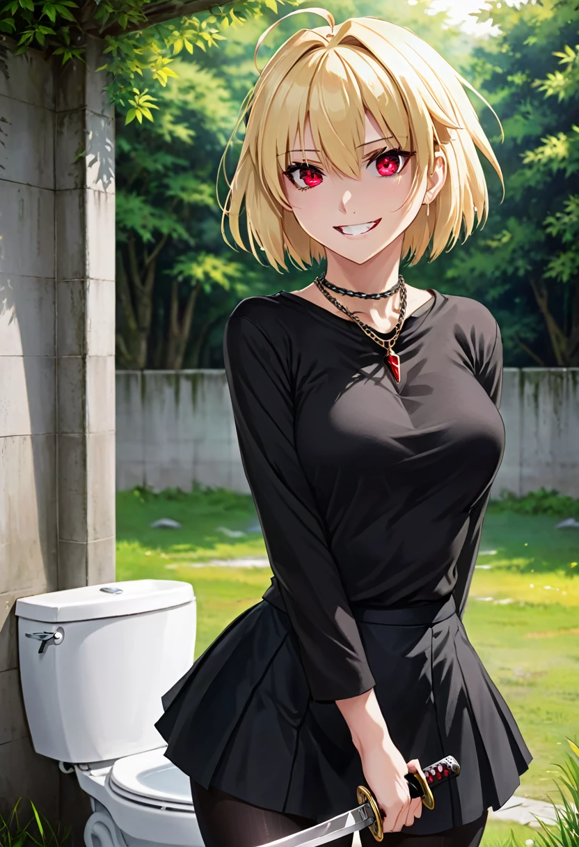 masterpiece,Best Quality,Arcueid,Ruby Eyes, Ruby Eyes, short hair,  blond hair , 1 girl, Alone, watching viewers,   black skirt with katana , hair between eyes ,breast,Outdoor,  chain necklace for toilet, tooth, smile,  black tights, Long nails