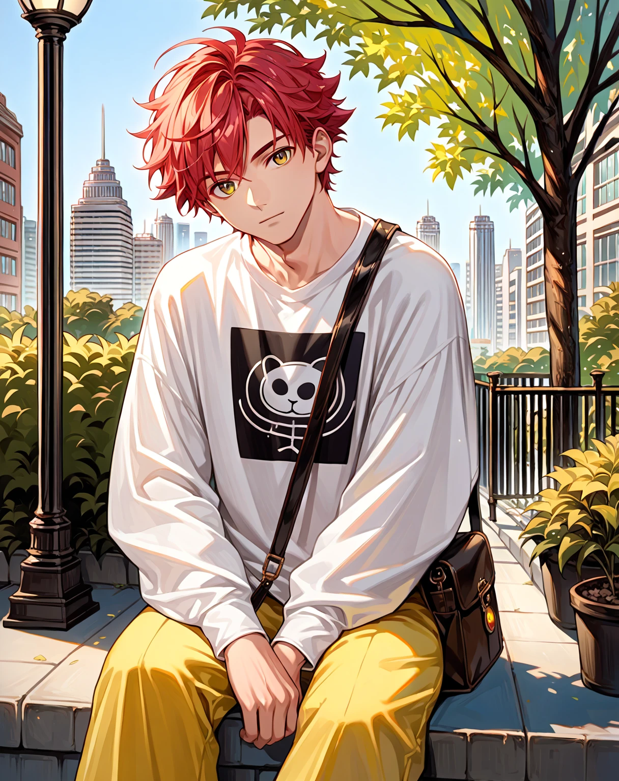 score_9, score_8_up, score_7_up, source_anime {{, cowboy shot, source_anime, outdoors, city, park, colorful, vibrant, looking at viewer, solo, sitting on ledge}} male, mikoshiba mikoto, crimson hair, baggy pants, oversized shirt, satchel, head tilt.
