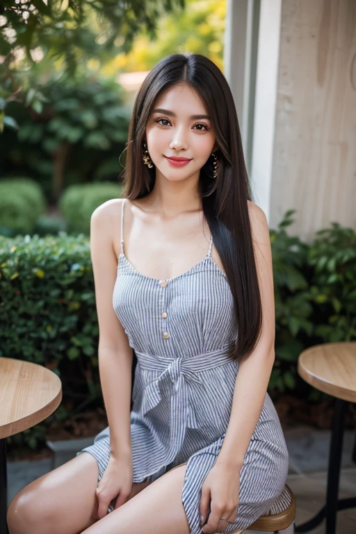 Beautiful girl looking at the viewer ,Wear a dark orange striped dress, a tight-fitting skirt,, clear white skin, soft cheeks, Smiling charmingly, seeing ,Sharp face, Brown eyes , Sitting in a cafe in a rose garden
Medium chest , earring, Long straight hair, gray hair 