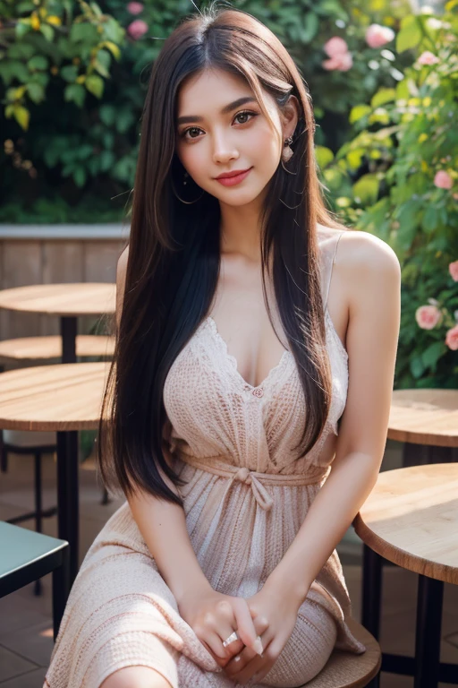 Beautiful girl looking at the viewer ,Wear a dark orange striped dress, a tight-fitting skirt,, clear white skin, soft cheeks, Smiling charmingly, seeing ,Sharp face, Brown eyes , Sitting in a cafe in a rose garden
Medium chest , earring, Long straight hair, gray hair 