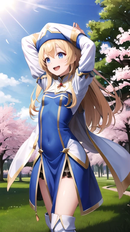 masterpiece, Best Quality,  high resolution on down, , Long Hair,  White Headwear ,  small breasts,  white dress,  puff sleeve ,  long sleeve , pelvic curtain, Thigh length,  knee-high boots,  turns her arms around her back, smile,  open your mouth ,  is standing,  cowboy shot,  forward slack ,  lean forward, Outdoor, cherry blossoms