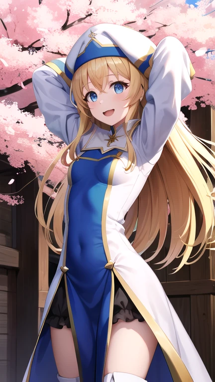 masterpiece, Best Quality,  high resolution on down, , Long Hair,  White Headwear ,  small breasts,  white dress,  puff sleeve ,  long sleeve , pelvic curtain, Thigh length,  knee-high boots,  turns her arms around her back, smile,  open your mouth ,  is standing,  cowboy shot,  forward slack ,  lean forward, Outdoor, cherry blossoms