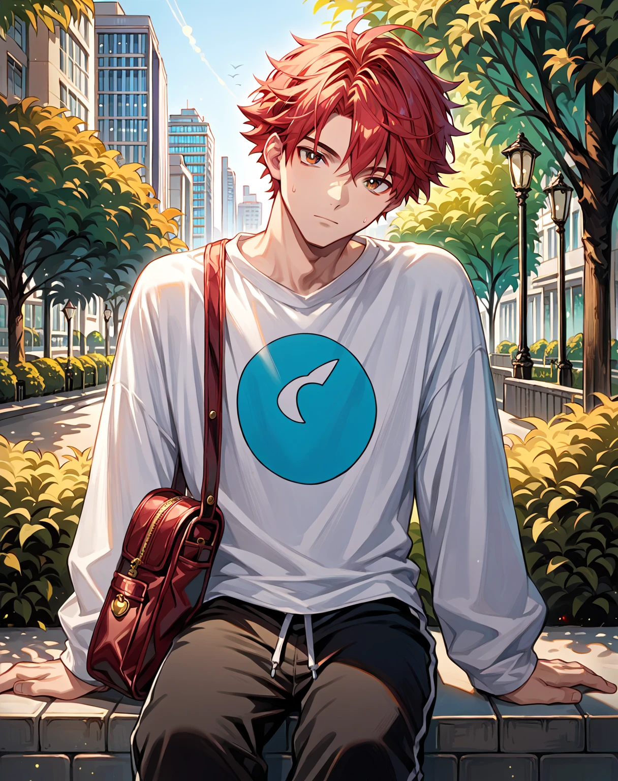 score_9, score_8_up, score_7_up, source_anime {{, cowboy shot, source_anime, outdoors, city, park, colorful, vibrant, looking at viewer, solo, sitting on ledge}} male, mikoshiba mikoto, crimson hair, sweatpants, oversized shirt, satchel, head tilt.
