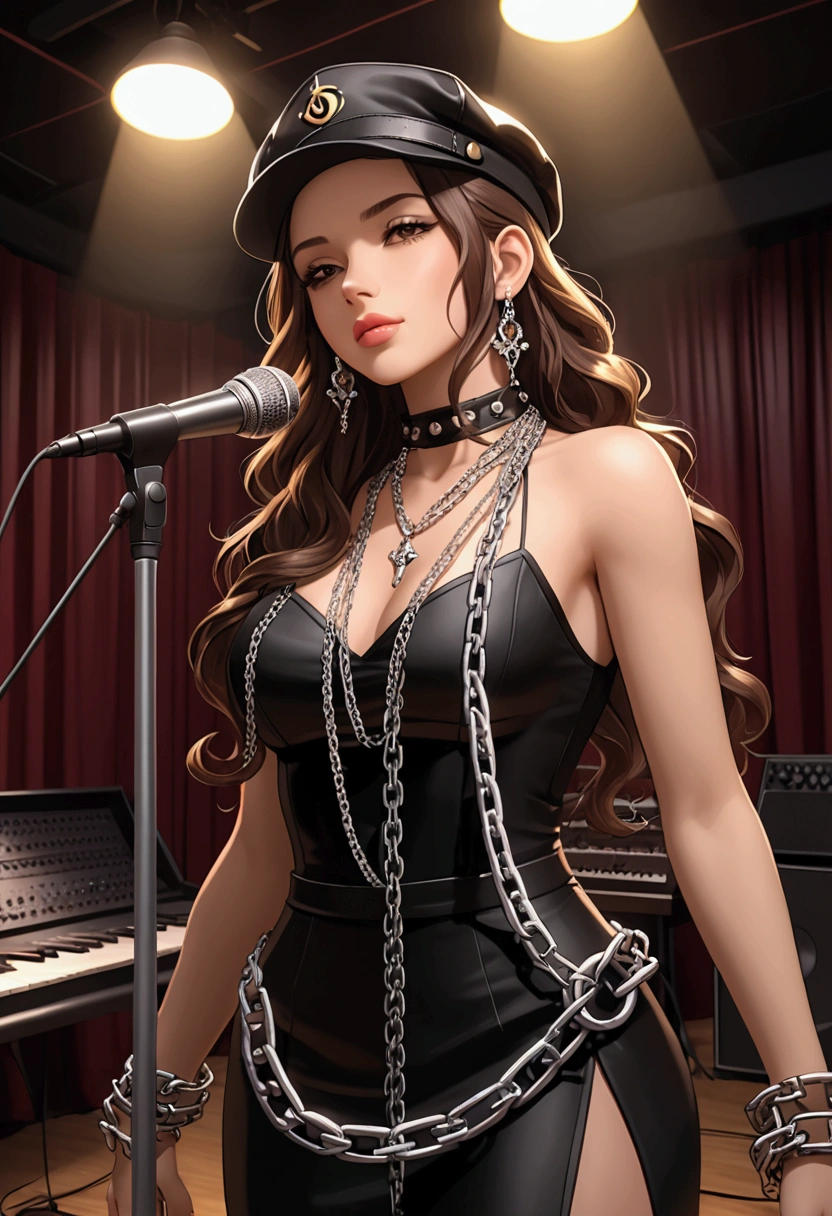 Realistic photo, ultra detail, natural light, light background, photo, cinematic photography + dynamic composition, incredibly detailed, sharp, details + professional lighting, film lighting + cinematography. best quality, masterpiece, brown hair, brown eyes, bright long black dress, looking forward, full body, fair skin, side braids, leather jacket in left hand, microphone in right hand, on top of a stage