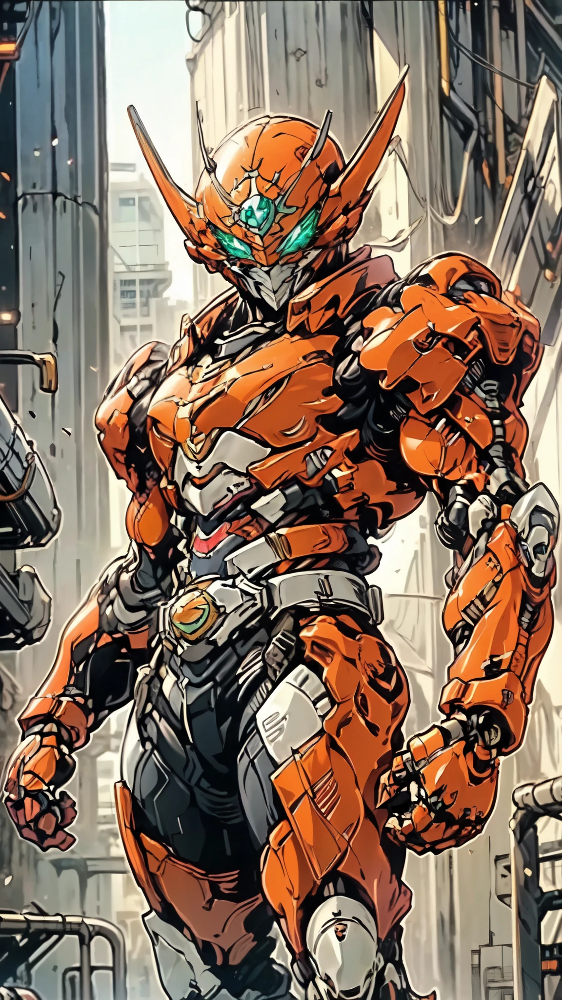 (masterpiece:1.5, best quality:1.5, extremely delicate:1.5), ((male:1.5)), a man wearing a full-face helmet, green eyes, fantasy-style high-tech biomimetic armored combat suit, (a composite layered chest armor), the design balances heavy with agility, fully enclosed shoulder guards, matching arm and leg guards, a belt of gemstone, (the color scheme is primarily Blue and Golden with Red accents, Organic Biotech, Concept Inspired by Kamen Rider, glowing eyes, armor glows, stand of a futuristic sci-fi city), this character embodies a finely crafted fantasy-style armored hero in anime style, exquisite and mature art style, metallic, high definition, highres, ultra-detailed, ultra-fine painting, professional, perfect body proportions, golden ratio, anatomically correct, symmetrical face, extremely detailed eyes and face, high quality eyes, creativity, RAW photo, UHD, 32k, Natural light, cinematic lighting, masterpiece-anatomy-perfect