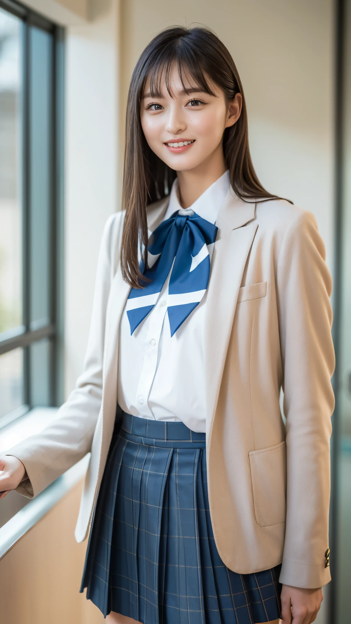 (Highest quality, 4K, 8k, High resolution, masterpiece, Genuine, Realistic, Realistic:1.3), (upper body, from below), Girl standing in a school changingroom, grin:1, ((wearing blue neckerchief white collared Uniform, Brown Blazer, dark blue plaid skirt)), ((pink striped pattern underwear)), 18-year-old, bangs, A small smile, Thighs, knees, From below, pinching skirt:0.7, open legs:0.8,