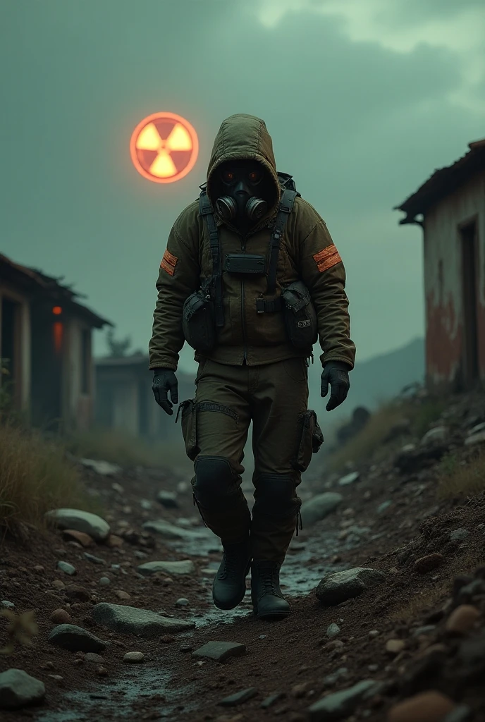 there is a man in a gas mask and a green jacket, covered in dust, toxic air, andreas franke, person wearing gas mask, contaminated, environmental portrait, one single man in a hazmat suit, gas mask, respirator, wearing a gas mask, dusty environment, dust clouds and building debris, dramatic sci-fi movie still, during a biohazard apocalypse,fukushima power plant, ruins and destruction in background, splash paint, morning light, clouds wet to wet techniques