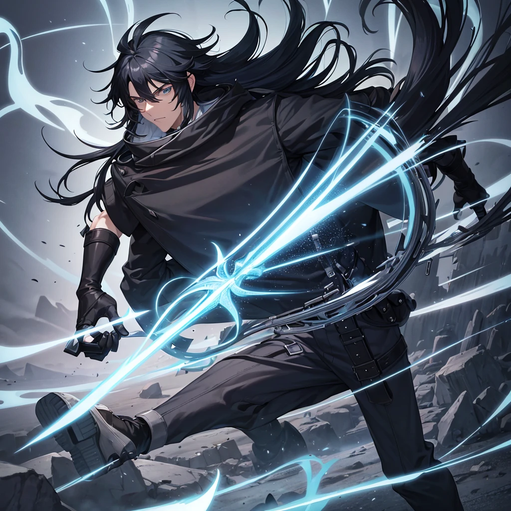 black hair, long hair, straight hair, male, man, blue eyes, tall, wiry, man, aqua eyes, athletic, coat, pants, gloves, belt, gunblade user, Solo, fantasy