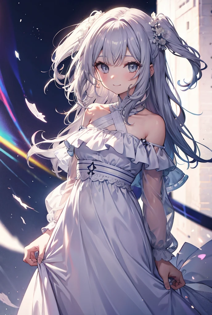 absurdres, incredibly absurdres, Cinematic Lighting, moody lighting, background light, game cg,
1girl, idol, fair_skin, smile, stage,
wide_shot, full_shot,
curvy, very long hair, grey gradient hair,
uchikake, platform_footwear, white_pantyhose, thigh_ribbon, crystal_earrings, hair_flower, necklace, hairpin, hair_bow, forehead_jewel,
small_breasts, slender_waist,