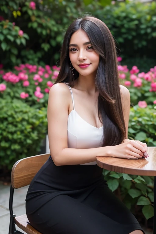 Beautiful girl looking at the viewer ,Wear a dark fuchsia dress, a tight-fitting skirt,, clear white skin, soft cheeks, Smiling charmingly, seeing ,Sharp face, Brown eyes , Sitting in a cafe in a rose garden
Medium chest , earring, Long straight hair, gray hair 