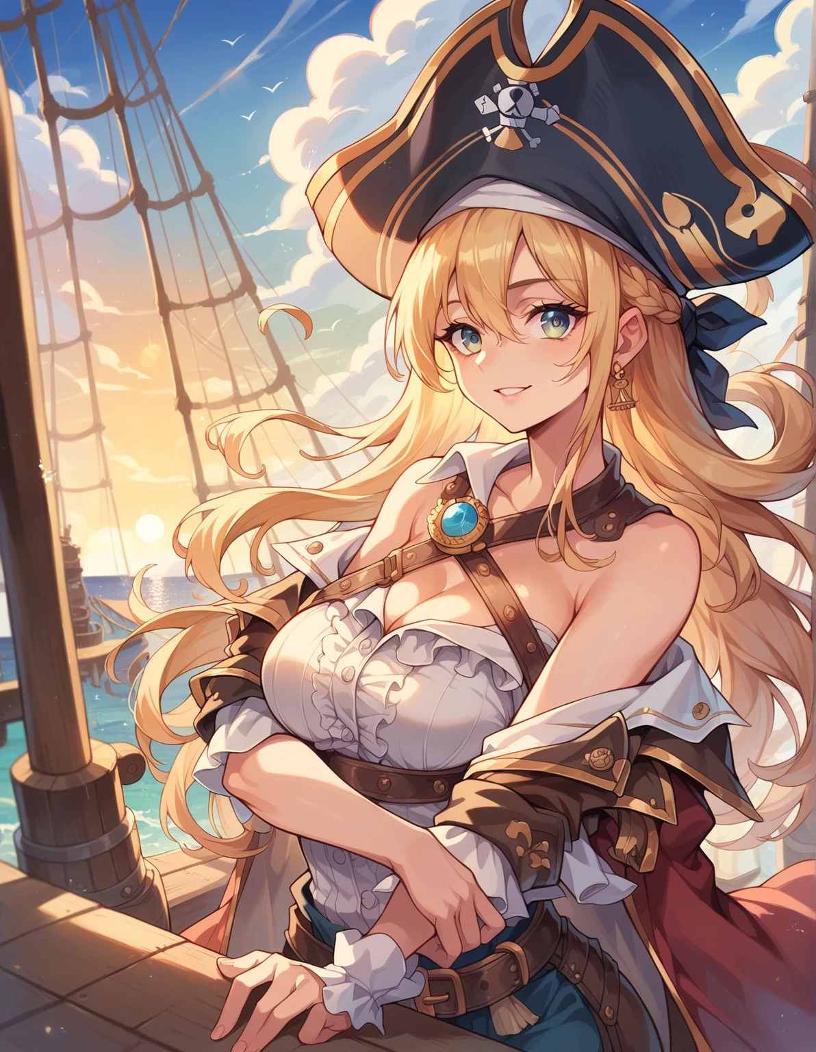 ((1 female pirate monster, bare chest, a shell stuck to her pussy)),((medium breasts)),((very large pubic hair)),((big yellow hair)),((yellow eyes, smile)) ,((facing the viewer)),((on a pirate ship, at sea during the day)),