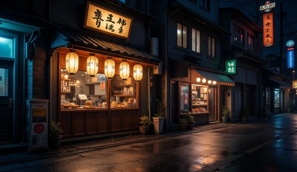 Create a nighttime scene outside a traditional Japanese ramen shop. The shop is small and cozy, with warm light spilling from the paper lanterns hanging above the entrance and through the windows. The wooden sign with kanji characters glows softly in the dim light. The street is quiet, with only the faint sound of raindrops tapping on the ground. The wet pavement reflects the warm light from the shop and the neon signs from nearby stores, creating a nostalgic, peaceful atmosphere. The air is misty, and the overall mood is calm and inviting, as the smell of rich broth and freshly made noodles wafts out from the shop. The street is narrow, with old buildings lining both sides, adding to the feeling of a quiet, intimate neighborhood on a cool evening.