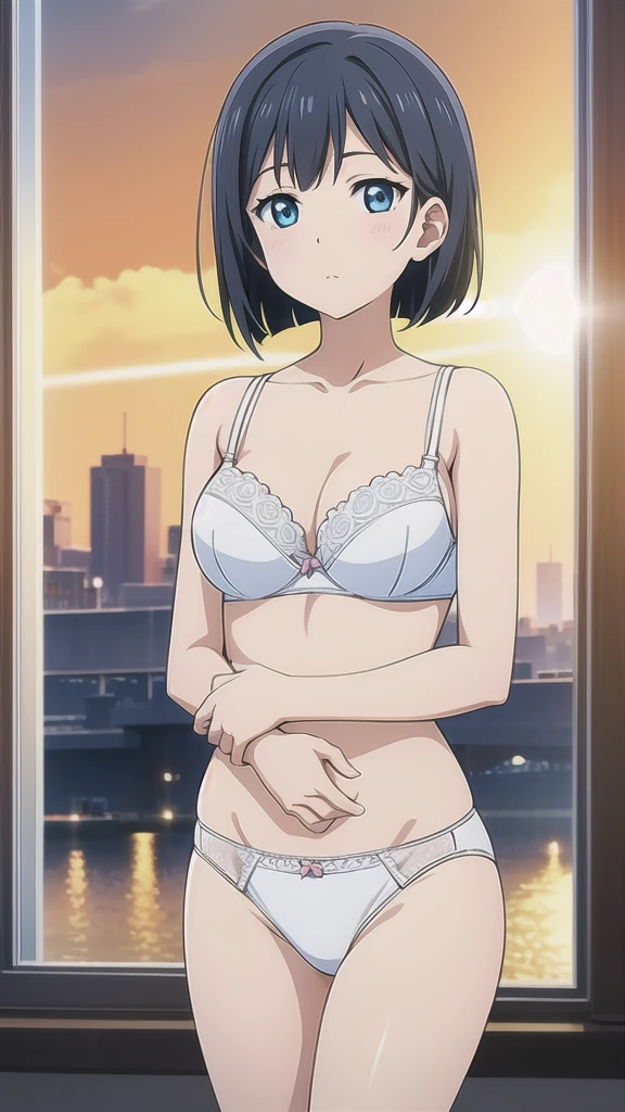 masterpiece, high quality, 8k, beautiful lighting, 1 girl, alone, Akane,,, looking at the viewer, medium , short hair, sitting、on the bed、shy、redness of face、casual expression、white bra、white panties