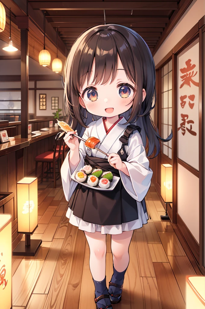 (masterpiece, ultra-detailed, best quality, clear focus, dramatic scene), shadow, (ultra-high resolution, 8k), perfect anatomy, perfect face, (detailed face, detailed eye, solo), 1 cute Japanese girl, very beautiful and cute face, dynamic angle, She is wearing a cute coveralls, (She is enjoying sushi at the luxury sushi restaurant in Japan:1.3), Japanese antique furnishings, menu list is on the wall, many fishes are swimming in the restaurant, (she looks so happy:1.3), full body