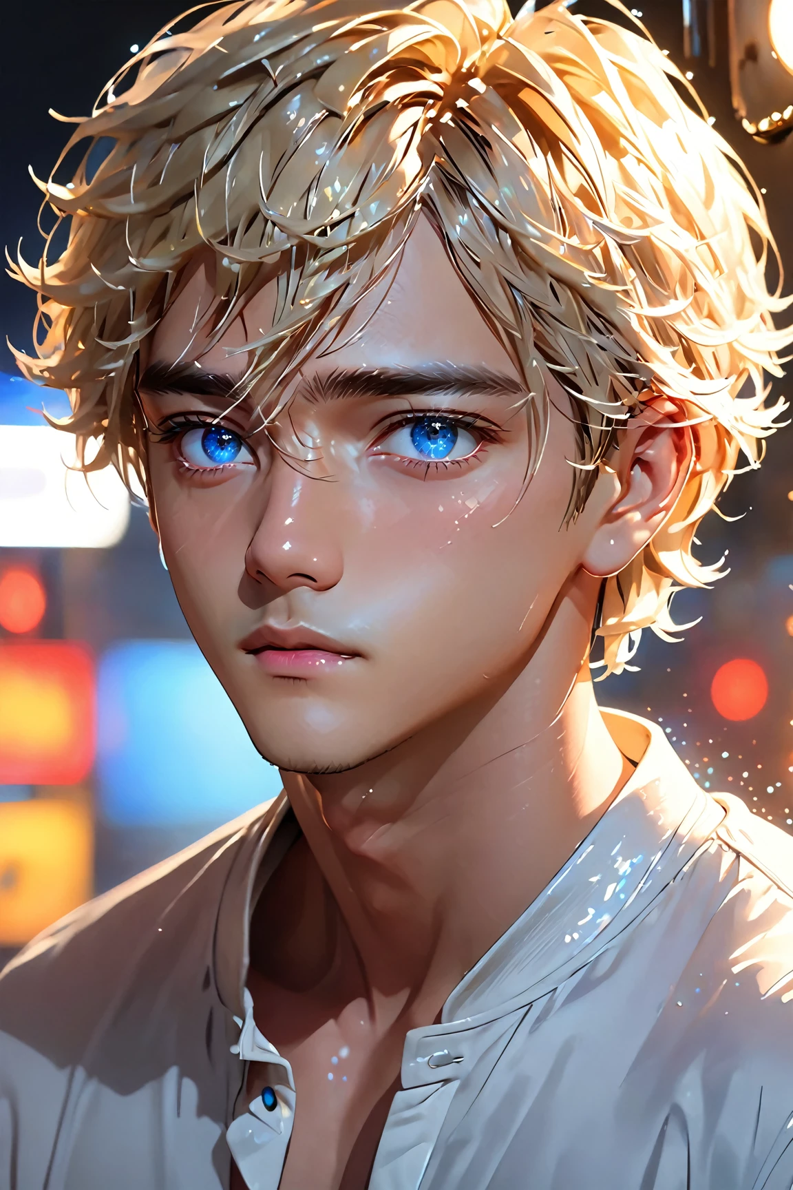 (best quality, Masterpiece, detailed eyes,  high res,  Detailed ), ( Beautiful Animation), male:1, semi_realistic, young man, 23 year old , hyundai, USA, New York, singer, 아이돌 singer, sensitivity, coolness , sharpness, thin body, Blonde,  short hair ,  blue eyes, no mustache, cowboy cut