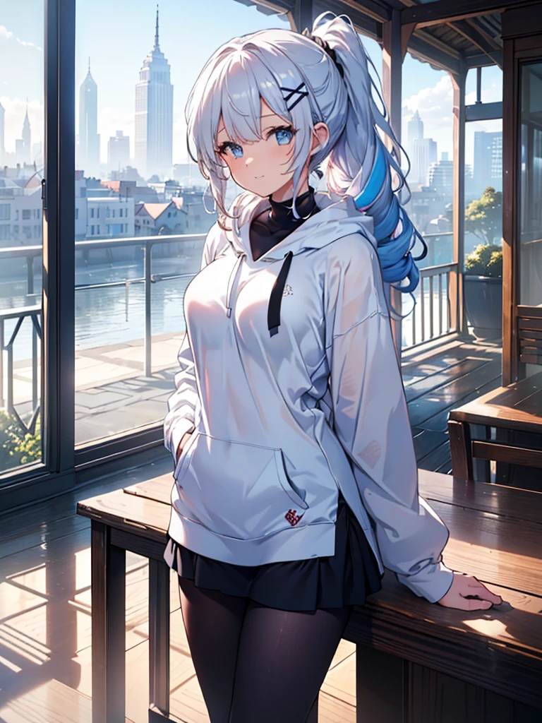  one girl , Curly Ponytail, smile,  blue eyes , Wear a white hoodie, (terrace）, (（morning）), masterpiece, 8k,  Full Photo, The perfect outfit,  perfect anatomy, Sharp resolution,  shallow depth of field ,  Soft Shadow ,  casual and relaxed atmosphere , Natural light pours in, Hair clip, Beautiful breasts、Black tights、20 years old