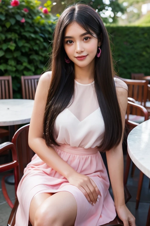 Beautiful girl looking at the viewer ,Put on a fuchsia dress, a tight-fitting skirt,, clear white skin, soft cheeks, Smiling charmingly, seeing ,Sharp face, Brown eyes , Sitting in a cafe in a rose garden
Medium chest , earring, Long straight hair, gray hair 