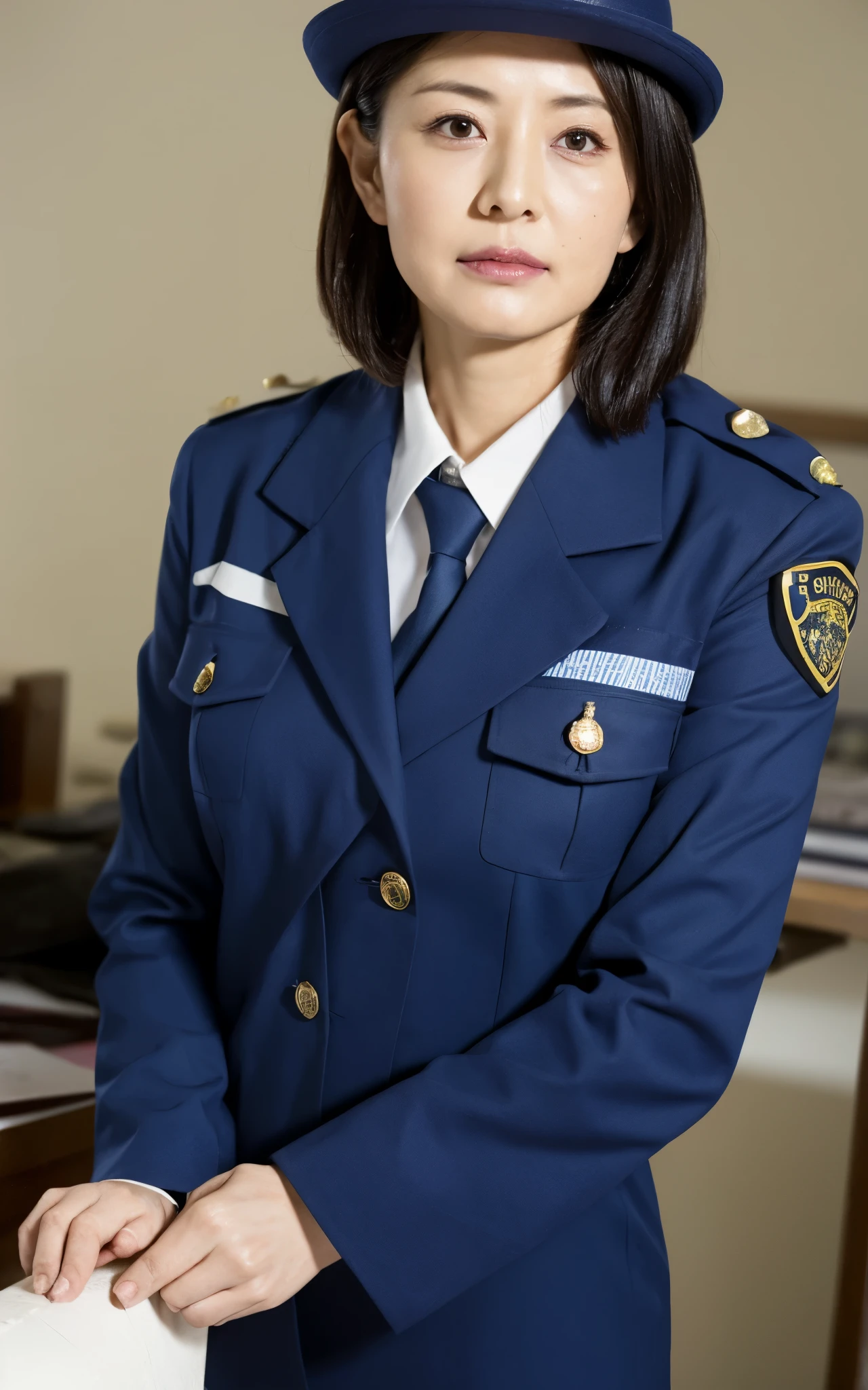 organic photography, portrait:1.3, highest quality, masterpiece, ultra high resolution, beautiful japanese old lady police, phisically accuration, 50 years old, looking at the viewer, elegant face, serious, big breasts, The chest is exposed through the wet white uniform, narrow office, angry:0.2