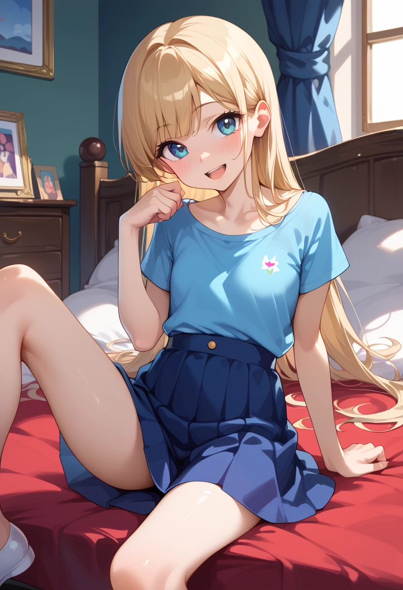 ((Best Quality)), ((masterpiece)), (be familiar with),  perfect face, indoor, bedroom,  watching viewers,
One woman,  Kitakawa Kaiumi,
 characters with open mouth ,  ecstatic expression, blush, smile,
Small breasts,  flat chest, Young girl, Lori,  s,  girl,
Long Hair,  long hair,
Leg spread,