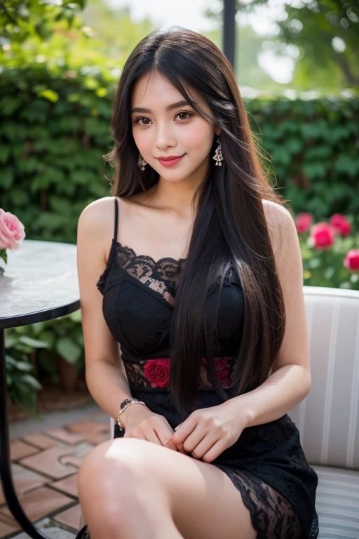 Beautiful girl looking at the viewer ,Wear a black lace dress, a tight-fitting skirt.,, clear white skin, soft cheeks, Smiling charmingly, seeing ,Sharp face, Brown eyes , Sitting in a cafe in a rose garden
Medium chest , earring, Long straight hair, gray hair 