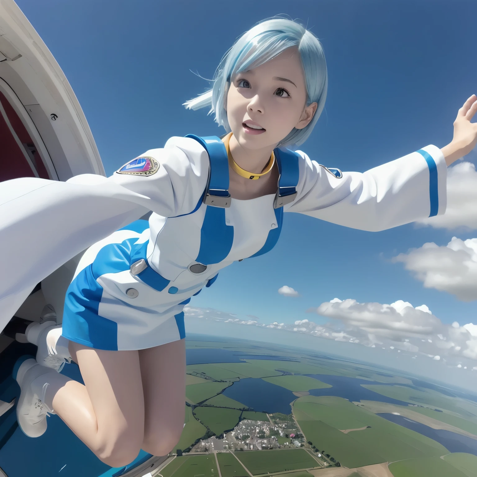 (  super high definition )、eureka、Adult female、 purple eyes、 very short light blue hair 、 choker、 hair clip that invites you with your hand、White and blue dress、 Long Sleeve 、 white knee-length knee-high boots、Blue toe of boots 、 Miniskirt、Baby Face、Clear sky 、Skydive from an aircraft flying in a large shape with both hands and legs extended、Dance in the sky like a kite、 skirt flutters in the wind and white shorts peek out、The feeling of swimming in the air 、Ergonomically correct body、