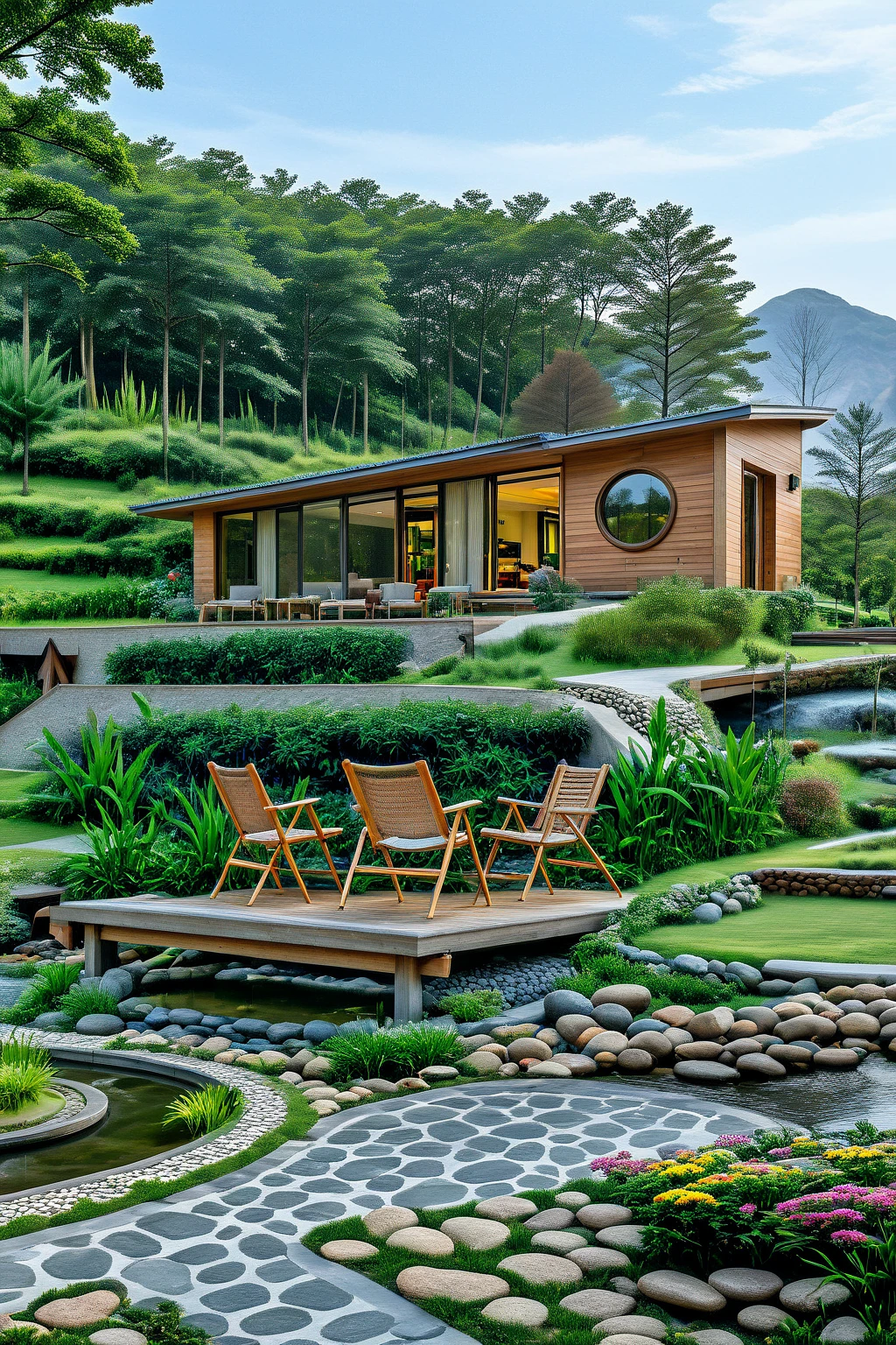 Raw photo,Masterpiece, high quality, best quality, authentic, super detail, exterior, outdoor, This image features a tranquil, natural setting with a modern cabin situated on a grassy hill overlooking a calm pond. The cabin has a rustic yet contemporary design with a metal roof, large windows, and a circular window that adds character to its facade. Surrounding the cabin are lush green trees, creating a secluded and serene atmosphere. In the foreground, a gently flowing stream is bordered by rocks and tall grass, adding to the peaceful environment. “A quiet setting consisting of a modern single-storey house, flat roof and large windows, perched atop a grassy hill. The building has a rustic, natural look with red brick walls and characteristic circular windows. In front there is a small wooden deck with a few folding chairs arranged in a circle, surrounded by tall grass and large rocks. The deck stretches across a quiet, reflective pond, adding a sense of tranquility and natural beauty. The sky is partly cloudy, with soft diffused lighting enhancing the serene atmosphere of this outdoor setting.”(sunset:1.2) (lightnight:1.2) vivid colour, (realistic:1.2),(rain:2.3)