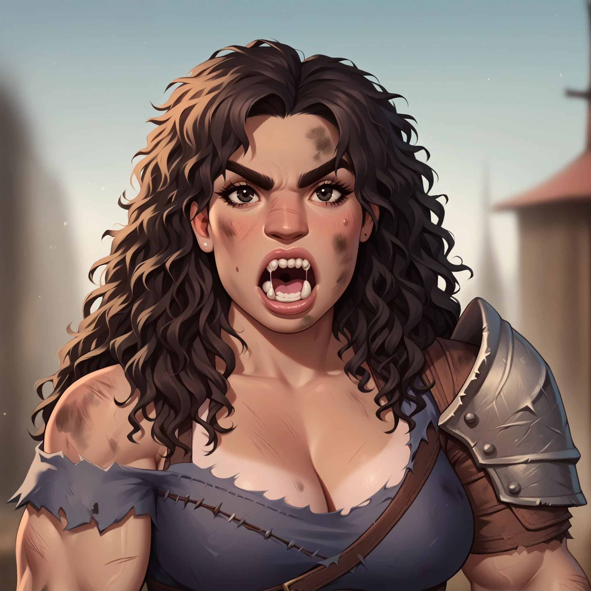 (((beautiful, high quality, detailed face))), score_9, score_8_up, score_7_up, BREAK, giant, a female barbarian:1.3, high stature, big nose:1.2, dark hair, curly hair, messy voluminous hair, (((massive muscular))), ((wide shoulder)), chubby, tanned skin, ((bushy eyebrows)), small black eyes, solo, portrait, upper body, portrait, facing viewer, Screaming, bearing teeth, angry, fury expression, ((barbarian clothes, dirty)), fantasy outside, blurred background, Expressiveh, detailxl