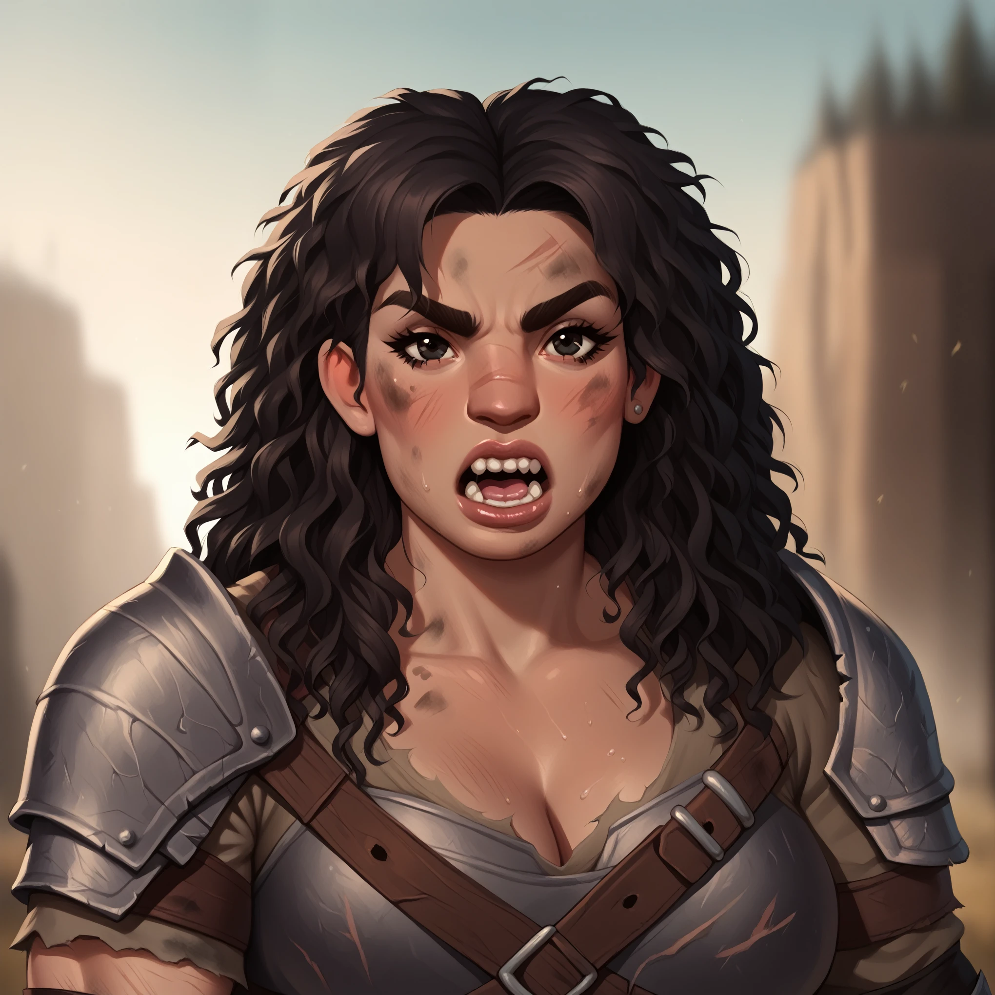 (((beautiful, high quality, detailed face))), score_9, score_8_up, score_7_up, BREAK, giant, a female barbarian:1.3, high stature, big nose:1.2, dark hair, curly hair, messy voluminous hair, (((massive muscular))), ((wide shoulder)), chubby, tanned skin, ((bushy eyebrows)), small black eyes, solo, portrait, upper body, portrait, facing viewer, Screaming, bearing teeth, angry, fury expression, ((barbarian clothes, dirty)), fantasy outside, blurred background, Expressiveh, detailxl