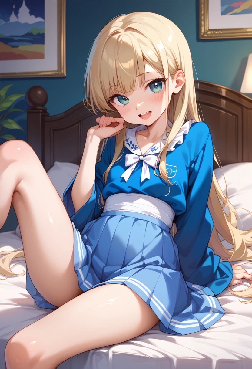 ((Best Quality)), ((masterpiece)), (be familiar with),  perfect face, indoor, bedroom,  watching viewers,
One woman,  Kitakawa Kaiumi,
 characters with open mouth ,  ecstatic expression, blush, smile,
Small breasts,  flat chest, Young girl, Lori,  s,  girl,
Long Hair,  long hair,
Leg spread,