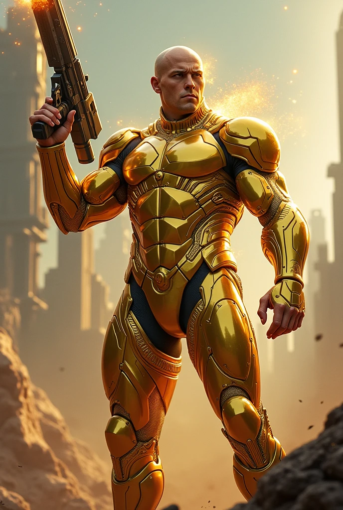 (Very attractive) muscular cyborg older man with a (model face), chisled features, exposed wires, gold oil leaking from rusty wires, lights, extremely asthetically chiseled physique, old destress metal, huge Crotch bulge, --auto --s2