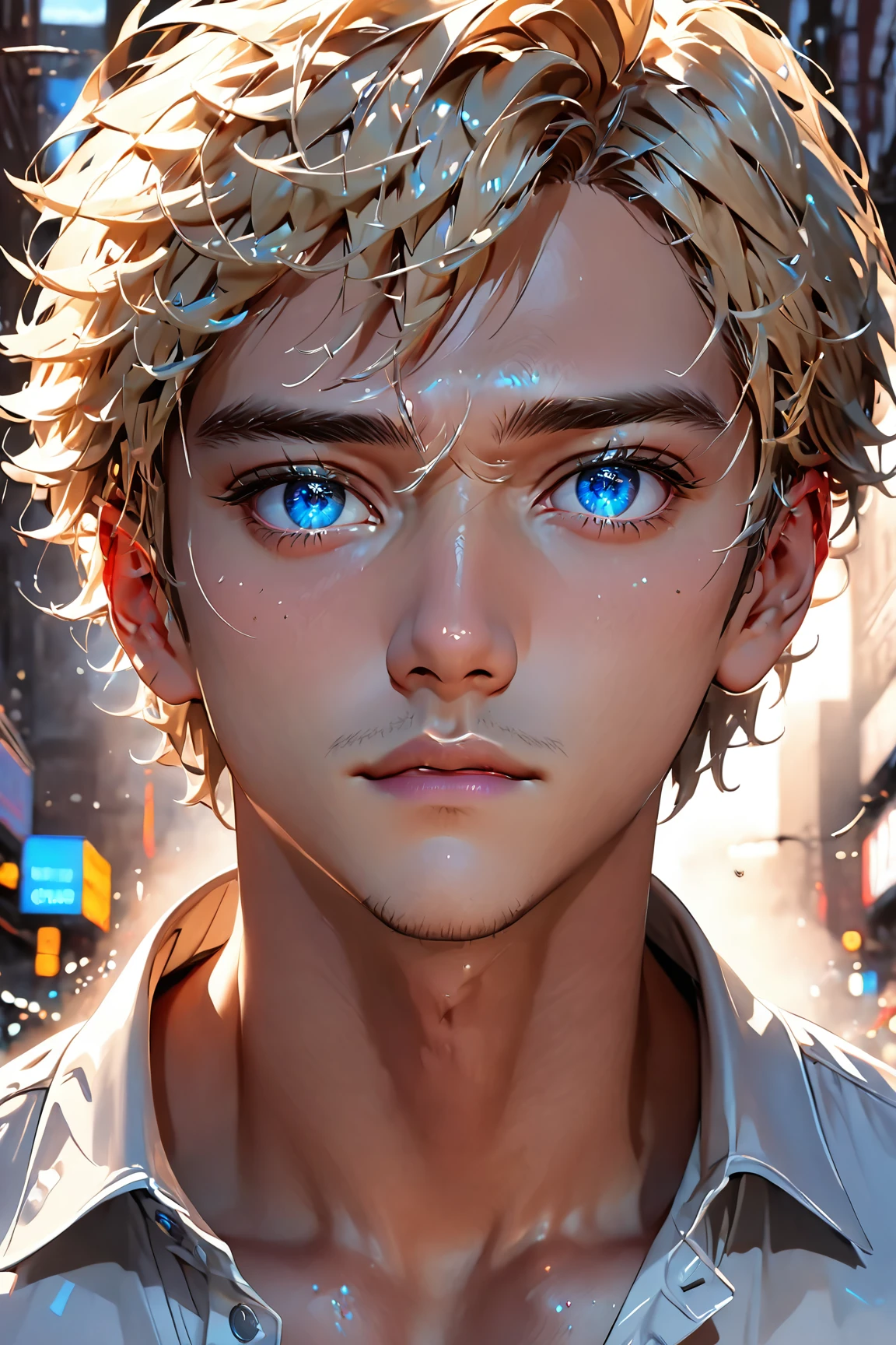 (best quality, Masterpiece, detailed eyes,  high res,  Detailed ), ( Beautiful Animation), male:1, semi_realistic, young man, 23 year old , hyundai, USA, New York, singer, 아이돌 singer, sensitivity, coolness , decadent. sharpness, thin body, Blonde,  short hair ,  blue eyes, ((no mustache)), cowboy cut