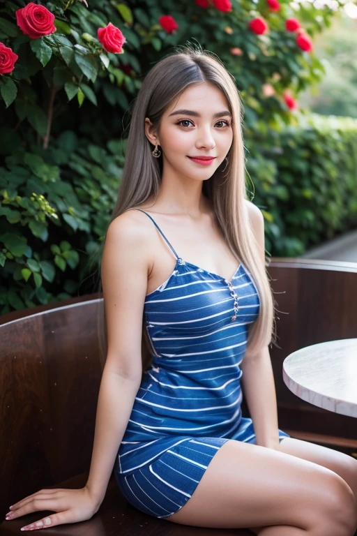 Beautiful girl looking at the viewer ,Put on a blue striped dress, a tight-fitting skirt,, clear white skin, soft cheeks, Smiling charmingly, seeing ,Sharp face, Brown eyes , Sitting in a cafe in a rose garden
Medium chest , earring, Long straight hair, gray hair 