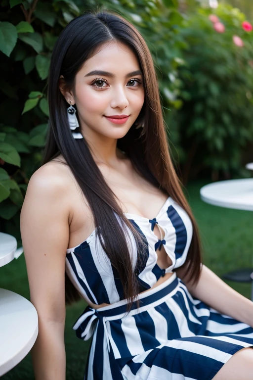 Beautiful girl looking at the viewer ,Put on a blue striped dress, a tight-fitting skirt,, clear white skin, soft cheeks, Smiling charmingly, seeing ,Sharp face, Brown eyes , Sitting in a cafe in a rose garden
Medium chest , earring, Long straight hair, gray hair 