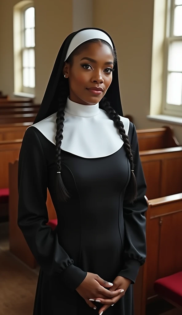 score_9, score_8_up, score_7_up, rating_explicit, detailed raw photo, realistic, photorealistic, hdr, (masterpiece), realistic lights and shadows, (best quality), 1girl, sexy, (supermodel young woman:1.1) nun south african with tightly coiled hair, dark eyes, dark skin, curvy, wearing black habit with a veil and long-sleeves, ankle-length skirt, black stockings, traditional nun's coif, black boots, holding a rosary beads .set in convent Chapter House, Reverent meeting space with a large wooden table, intricately carved choir stalls lining the walls, a lectern for readings, stained glass windows depicting biblical scenes, and the solemn presence of the abbess's chair .