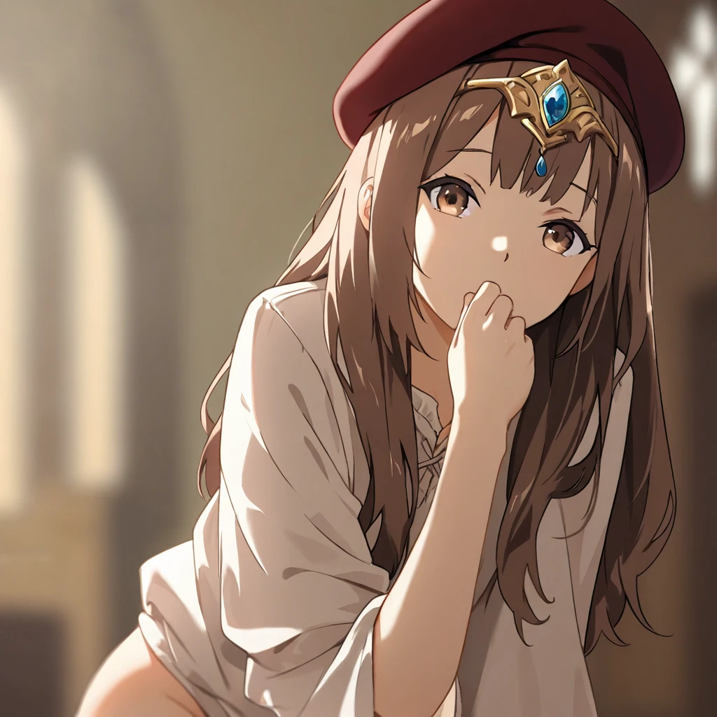  1 girl, solo,  high resolution on down, Long Hair,  turn your gaze , bangs, Brown Hair,  Headpiece,  close your mouth,  cowboy shot, Frielen, blurred background, Beret, far and near method, masterpiece, accurate,  anatomically correct, 