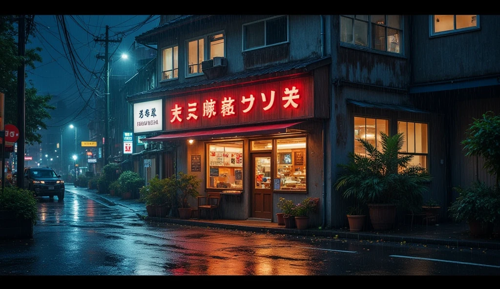 Japanese ramen shop in the 90s, a night with no one, raining