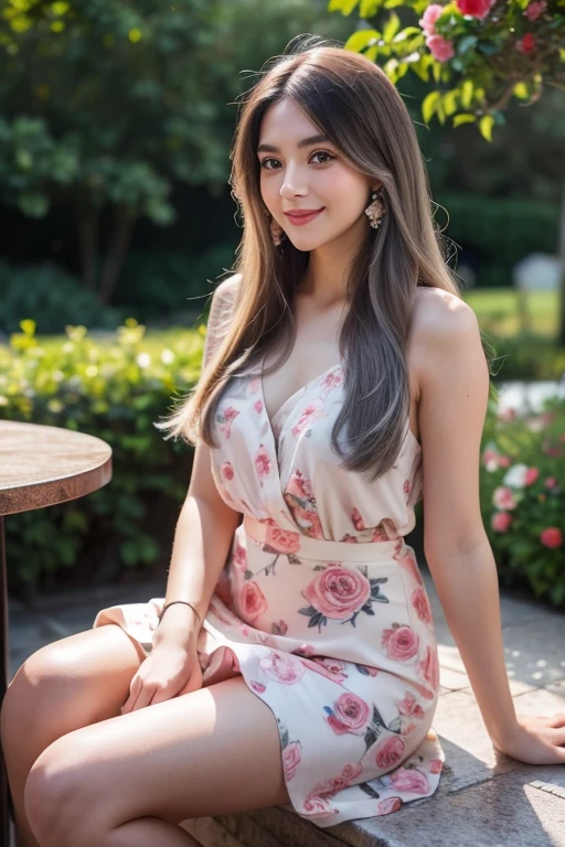 Beautiful girl looking at the viewer ,Wear a dress with a floral print, a tight skirt,, clear white skin, soft cheeks, Smiling charmingly, seeing ,Sharp face, Brown eyes , Sitting in a cafe in a rose garden
Medium chest , earring, Long straight hair, gray hair 