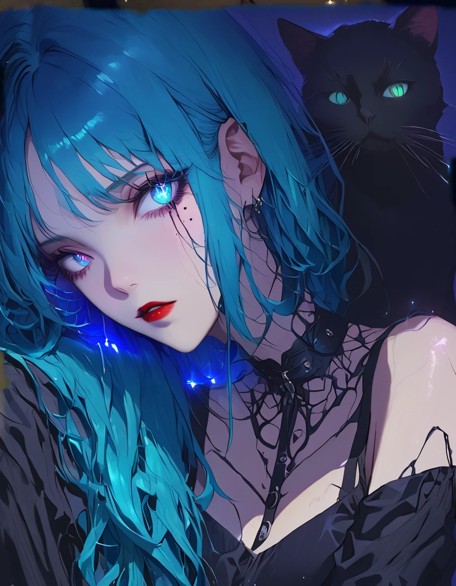 arafed woman with a black top and a black cat costume, with blue hair, beautiful blue haired girl, pretty girl with blue hair, with long turquoise hair, profile image, 29- year - old goth girl, anime vibes, messy blue hair, goth girl aesthetic, girl with blue hair, beautiful woman with blue hair, teal hair, long cyan hair High Resolution, High Details, Anime Style, Glowing Light, Red Lips, Sparkling Eyes, Evil, Glowing Eyes, Mole Under Eye, 