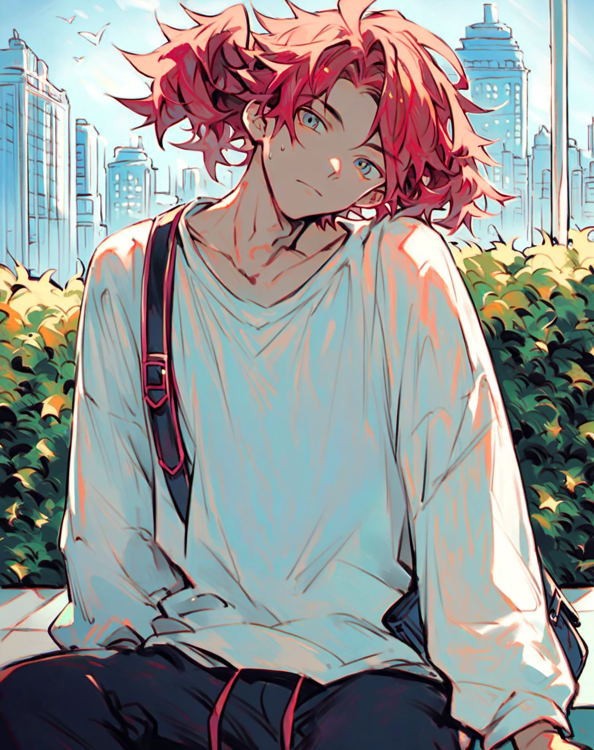 score_9, score_8_up, score_7_up, source_anime {{, cowboy shot, source_anime, outdoors, city, park, colorful, vibrant, looking at viewer, solo, sitting on ledge}} male, mikoshiba mikoto, crimson hair, sweatpants, oversized shirt, satchel, head tilt.
