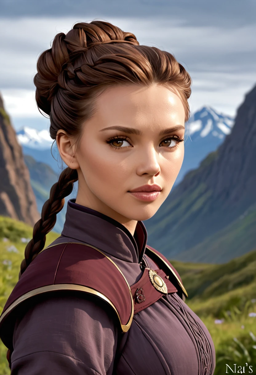 Nia Wingfeather (portrayed by Scarlett Johanson) is often described as having a graceful, warm presence, with a beauty softened by hardship but brightened by resilience. Her hair is a rich, chestnut brown, usually pulled back into a practical bun or braid, a few strands often escaping to frame her face. Her eyes are a soft, earthy brown, with a calm and compassionate gaze that reflects both strength and a gentle spirit.

Nia's clothing is simple and sturdy, suited to the demands of a mother raising her ren in the rugged landscape of Skree. Her movements are purposeful and efficient, but there’s a grace to her posture that hints at a past of refinement and dignity. She carries herself with an air of quiet determination, her face showing hints of both joy and sorrow, the kind that come from years of sacrifice and love.