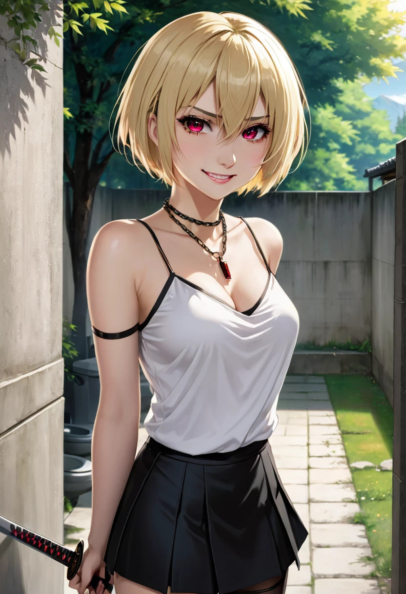 masterpiece,Best Quality,Arcueid,Ruby Eyes, Ruby Eyes, short hair, blond hair , 1 girl, Alone, watching viewers, black skirt with katana , hair between eyes ,breast,Outdoor, chain necklace for toilet, tooth, smile, black tights, Long nails, sleeveless, bare shoulders, 