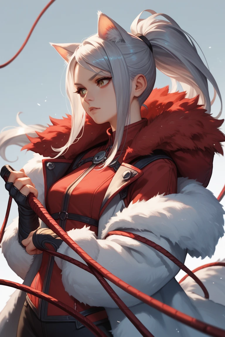 A serene fair-skinned kunoichi with snow white hair, piercing green eyes, and captivating red eye makeup, calmly seated on the lush green grass, sporting fatigued baggy eyes and defined muscular physique.