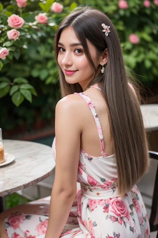 Beautiful girl looking at the viewer ,Wear a dress with a floral print, a tight skirt,, clear white skin, soft cheeks, Smiling charmingly, seeing ,Sharp face, Brown eyes , Sitting in a cafe in a rose garden
Medium chest , earring, Long straight hair, gray hair 