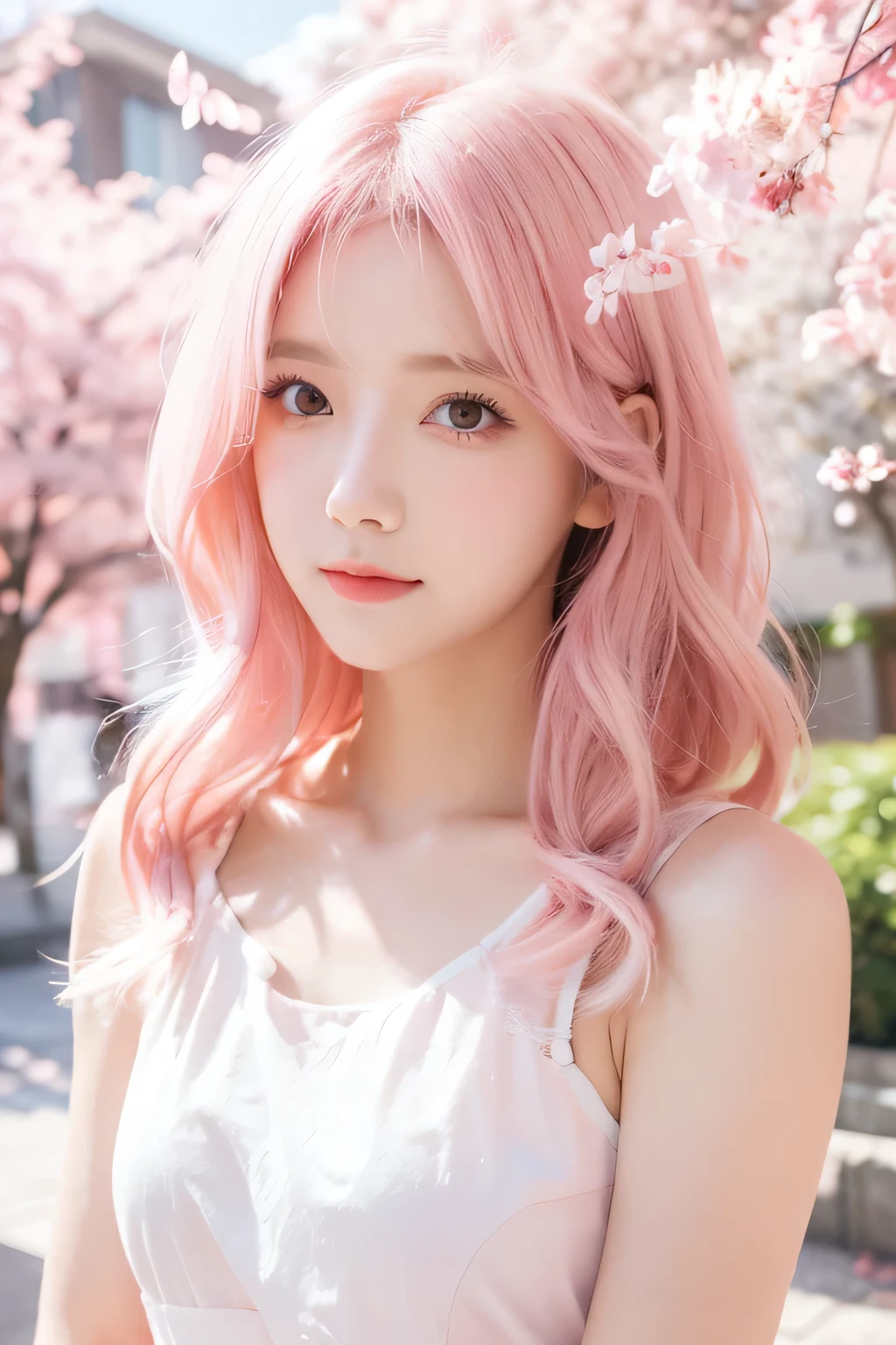 light pink hair, pink eyes, pink and white, cherry blossom leaves, bright colors, white dress, paint splashes, simple background, ray tracing, wavy hair