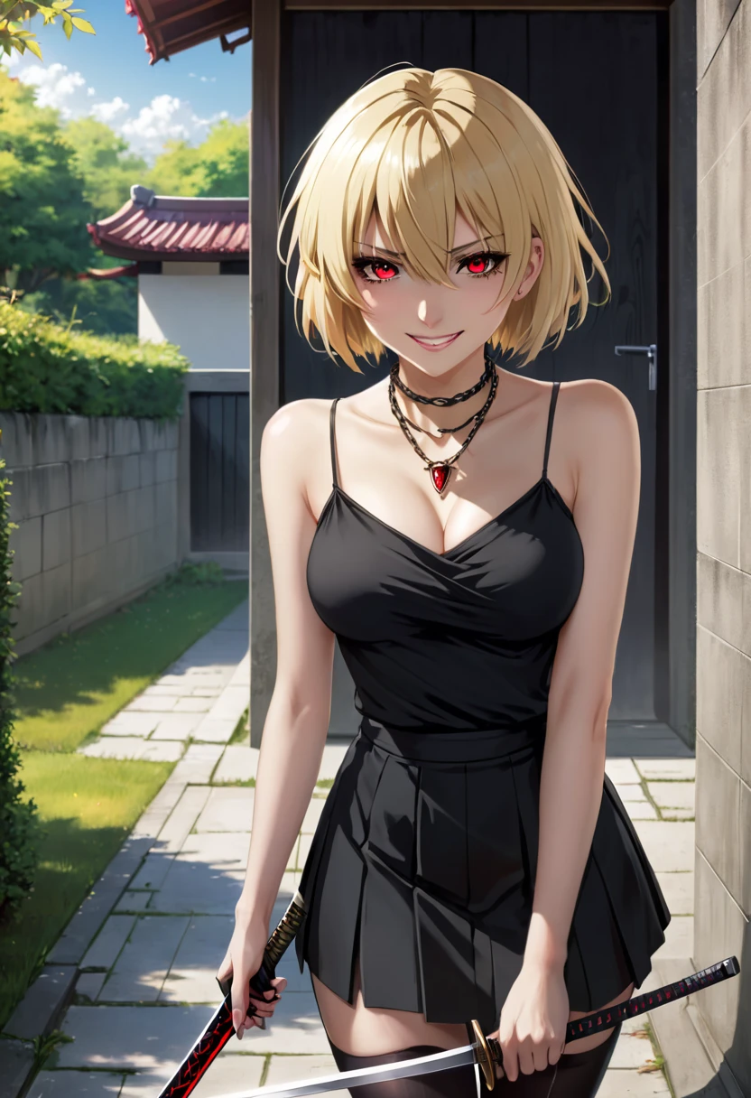 masterpiece,Best Quality,Arcueid,Red Eyes, Ruby Eyes, short hair, blond hair , 1 girl, Alone, watching viewers, black skirt with katana , hair between eyes ,breast,Outdoor, chain necklace for toilet, tooth, smile, black tights, Long nails, sleeveless, bare shoulders, black clothes, 