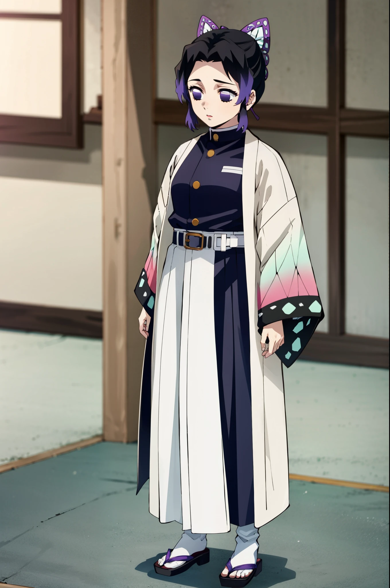 EFT_Shinobu, 1girl, kochou shinobu, demon slayer uniform, butterfly hair ornament, solo, hair ornament, purple hair, multicolored hair, purple eyes, black hair, japanese clothes, gradient hair, belt, short hair, sheath, long sleeves, empty eyes, parted bangs, jacket, no pupils, bangs, white belt, blurry background, indoors, full body, blurry. standing, hands down, crop top, bare shoulder