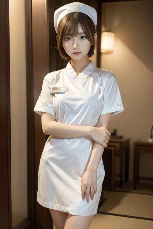 ((top quality, 8k, muste piece: 1.3)), beauty, one japanese girl, nurse, full body, perfect anatomy, Are standing, black hair, Blunt Bangs, updo, 22 years old, light smile, face focus, detailed face, highly detailed lips, fine eyes, sweaty skin: 1.2, nurse uniform, nurse cap, nursing,