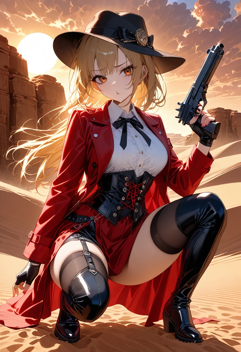 newest, aesthetic, 1girl, (yandere:1.3), solo, orange eyes, breast, yellow hair, long hair, head tilt, short hair, messy hair, red trench coat mixed with black accent pattern, fingerless gloves, black gloves, layered outfit, corset, thigh high boots, big cowgirl hat, fedora hat, hat, holding two gun, dual pistol, pointing both gun at viewer, dynamic pose, elegant looking pose, pout, squatting, Sahara desert, sphinx stone on the background, sunset, sand storm, dense cloud, amazing, high detailed, masterpiece, best quality, 4K,nitz