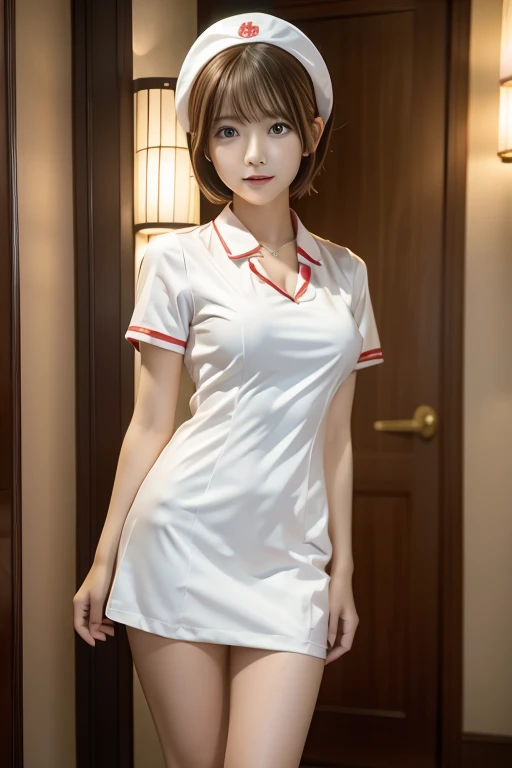 highest quality, masterpiece, High resolution, Photorealistic, RAW Photos, 8k wallpaper, perfection, Professional and bright lighting, Very detailed,(Big Breasts),(Tight waist),(Thin and beautiful legs), whole body, ((View your viewers)), Detailed face, Beautiful Eyes,Neat clothes,Sleeveless dress with buttons on the chest,Dressed like a female announcer,(Lifting the hem of her skirt to show off her vagina),On the bed