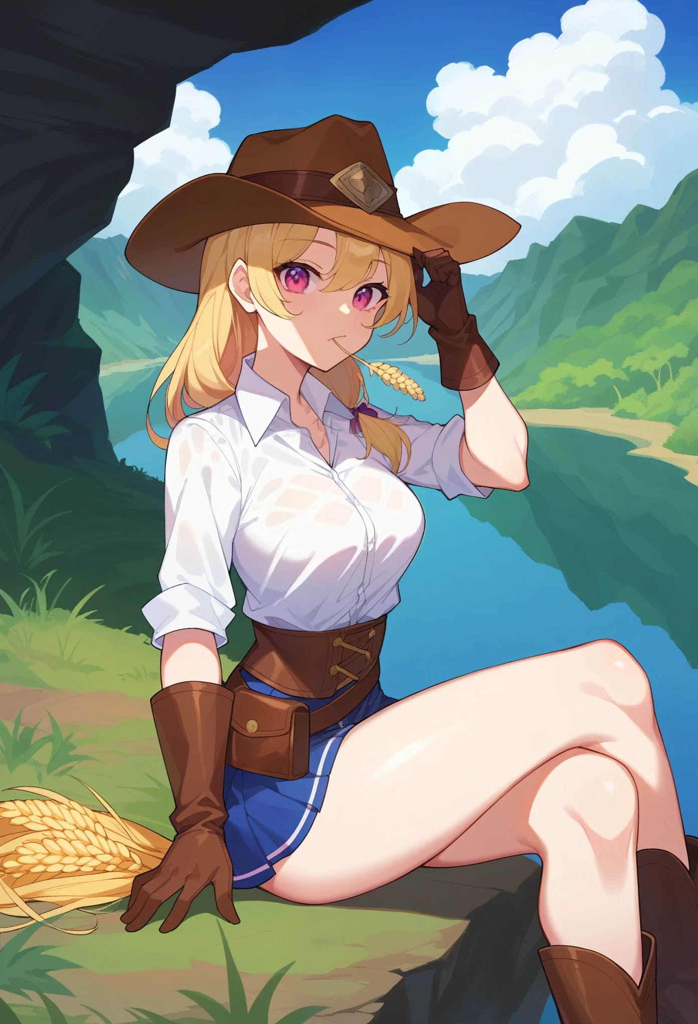 score_9, score_8_up, score_7_up, 1girl, solo, cowgirl, blonde hair, pink eyes, wild west, cowgirl, looking at viewer, wheat in mouth, brown cowboy hat, brown gloves, holding hat, sitting, crossing legs, canyon, river, clear sky, light clouds